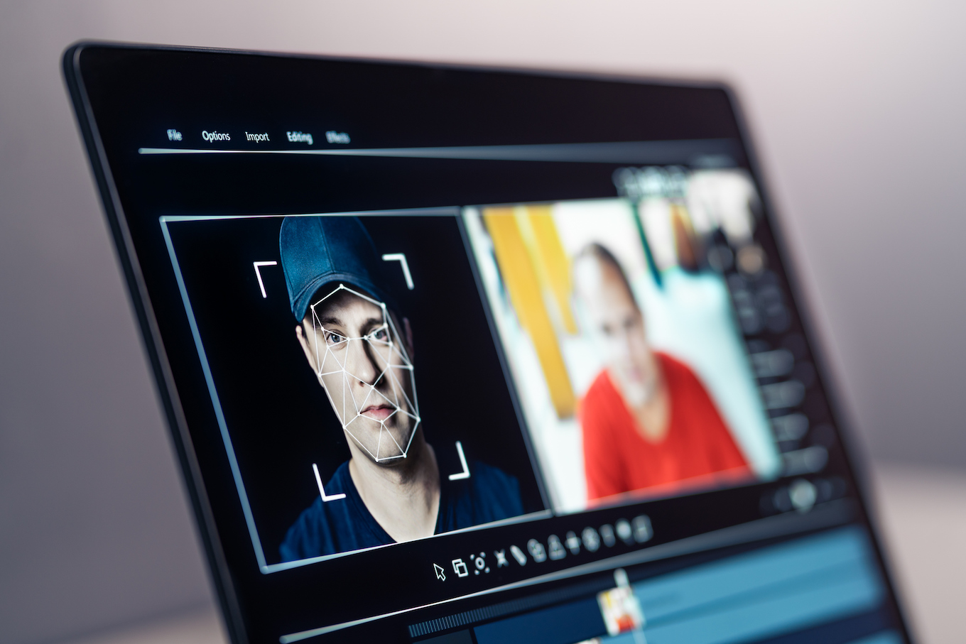 Deep fake, AI and face swap in video edit. Deepfake and machine learning. Facial tracking, detection and recognition technology. Digital identity interchange. Computer software mockup.